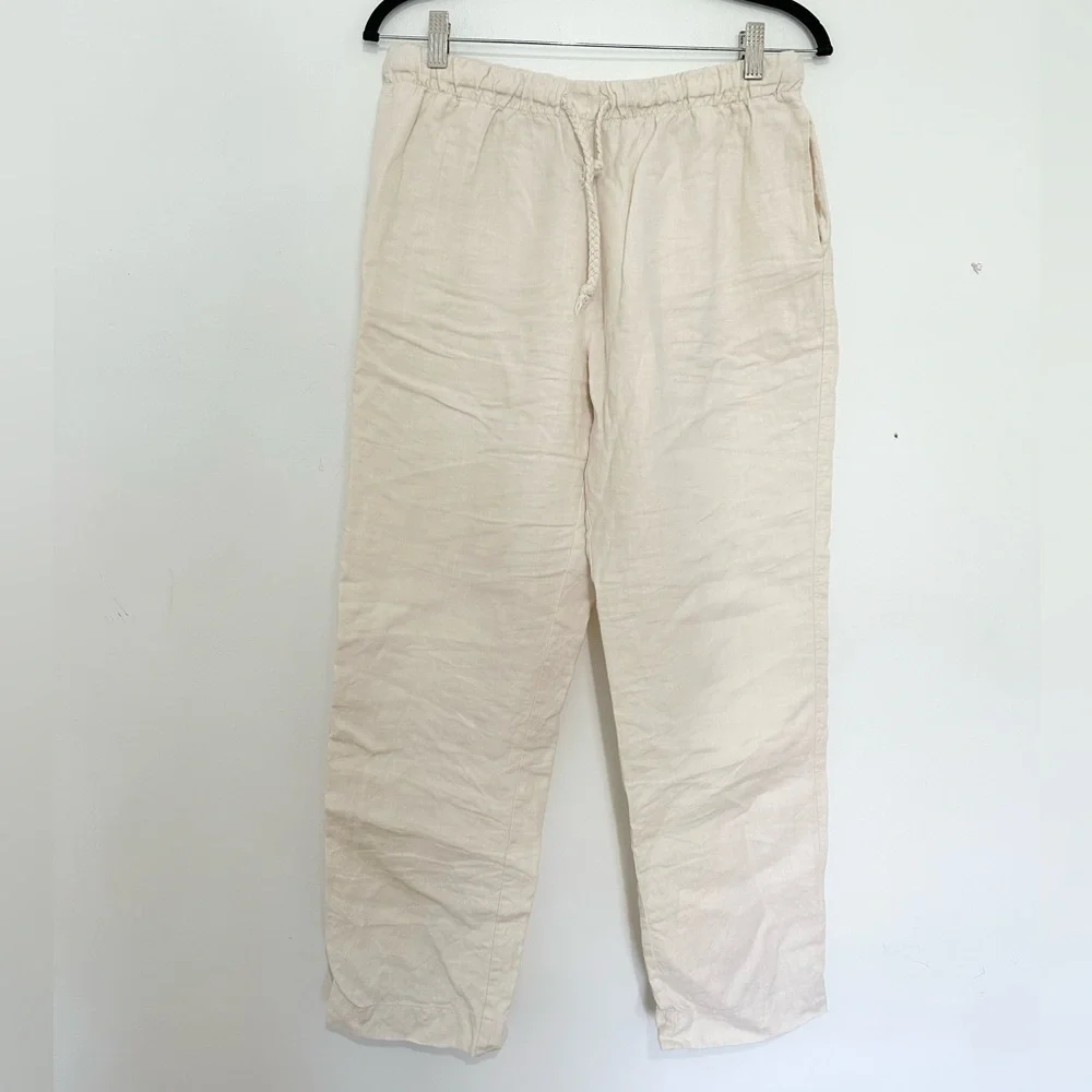 Zara Ivory Elastic Band Tie High Waisted Pants Size M boho Lagenlook linen blend